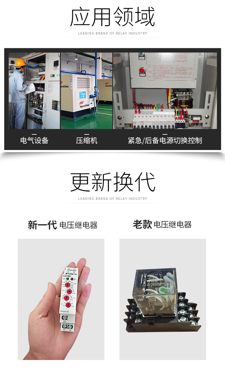 GRV8電壓監控繼電器應用領域：電氣設備，壓縮機，緊急/后備電源切換控制；更新換代：新老電壓繼電器產品圖對比；